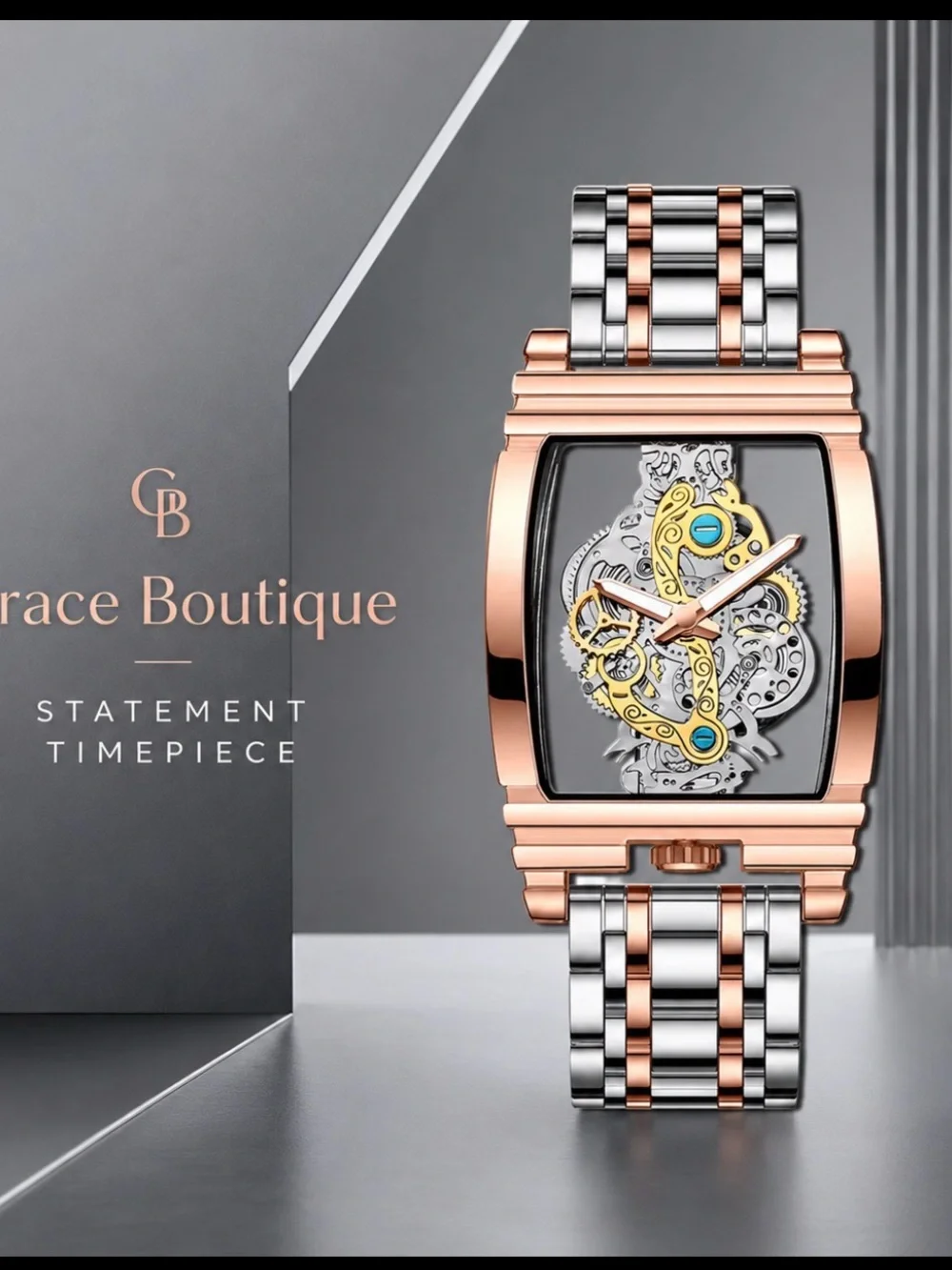 Grace Boutique Two-Tone Rose Gold & Silver Skeleton Watch